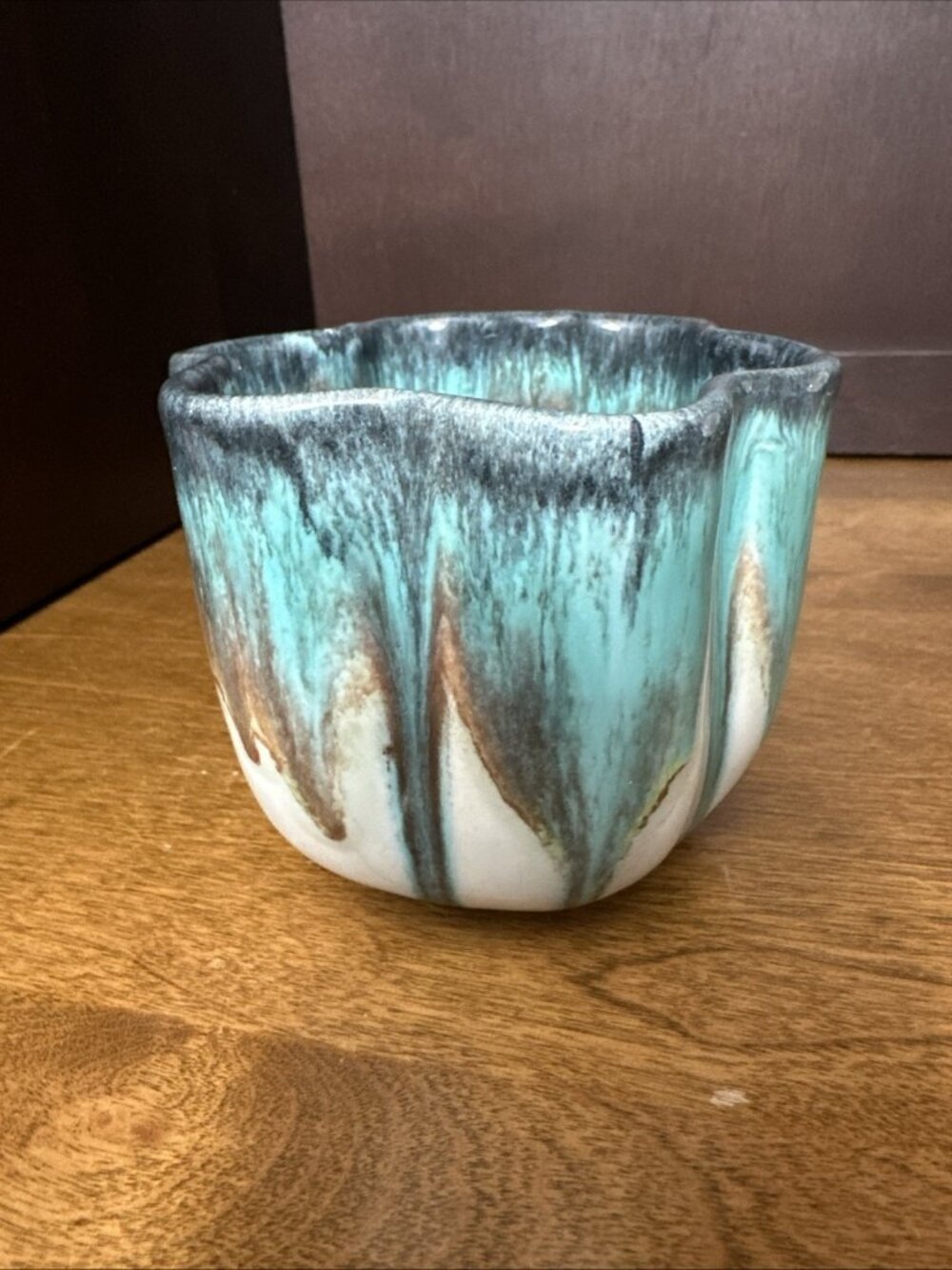 Hoffman Pottery Planter Vase Turquoise Drip Glaze Ruffle Rim 34-3 Vintage